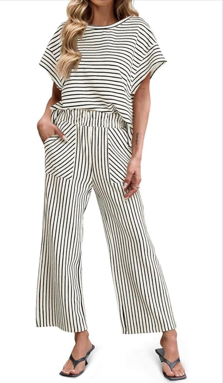 Tankaneo Striped Lounge Set XL White Black 2 Piece Wide Leg Matching Set